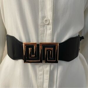 Black PU leather rectangle gold tone buckle elastic waistband belt